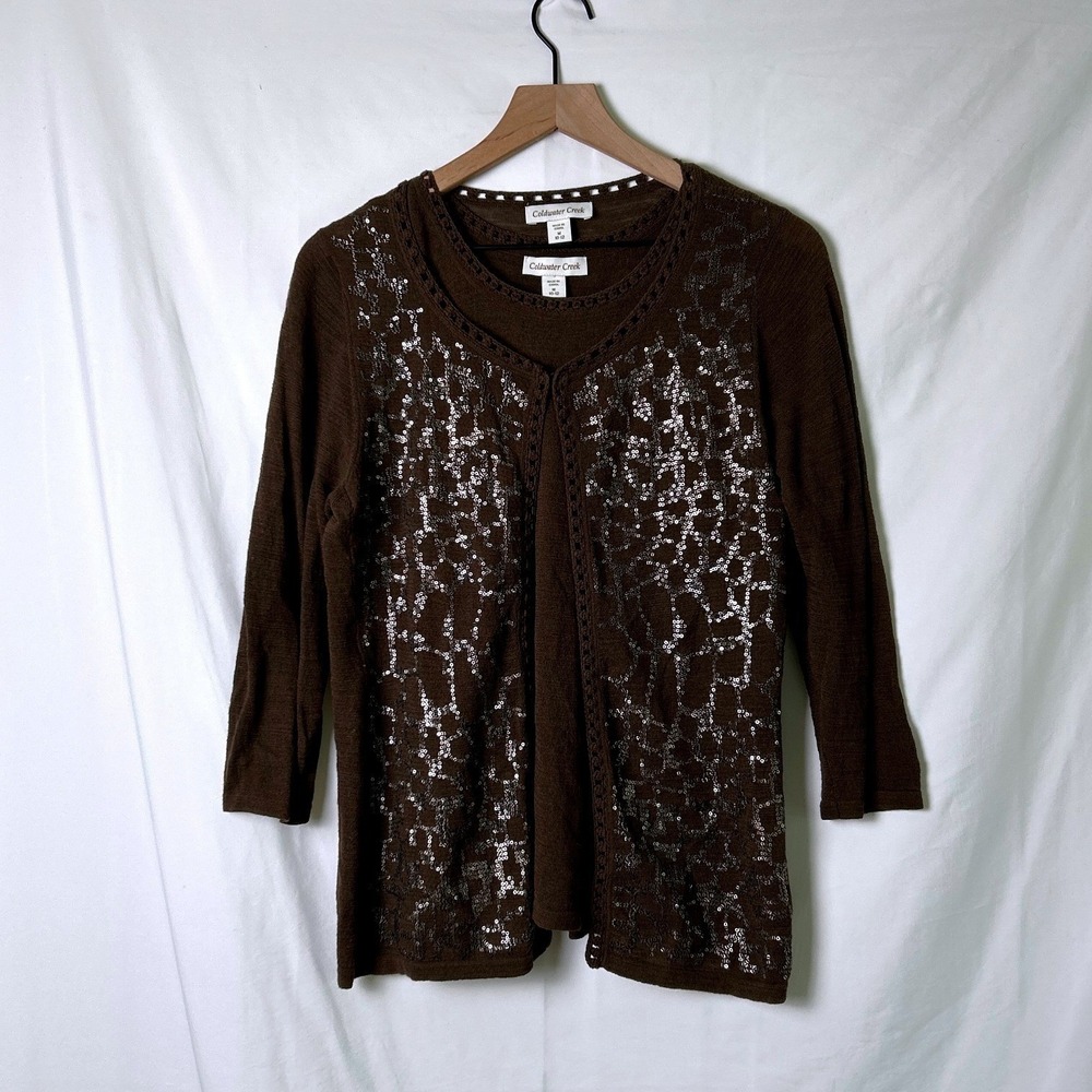 Coldwater Creek Womens Sequin Crochet Trim Cardigan Sweater Set Size M Brown